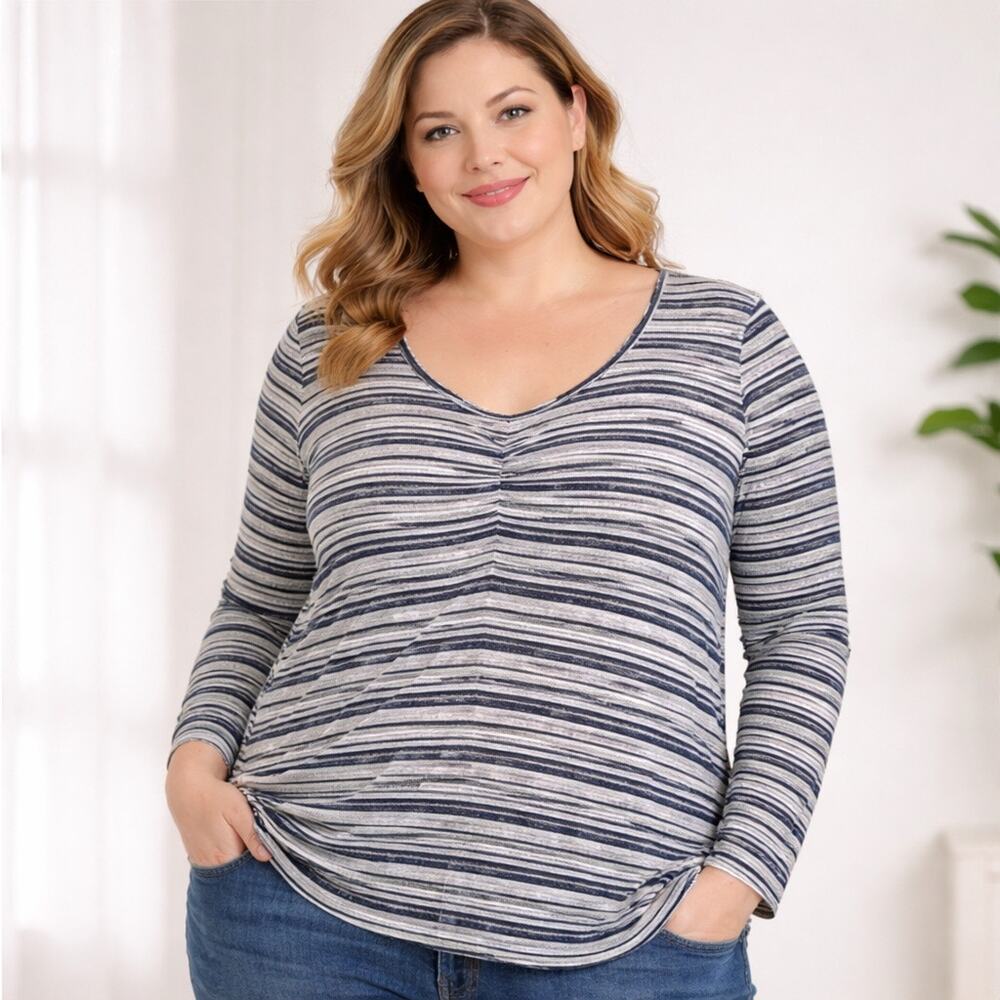 Lane Bryant Blouse Women’s 22/24 White Blue Rib Knit Stretch Long Sleeve Shirt